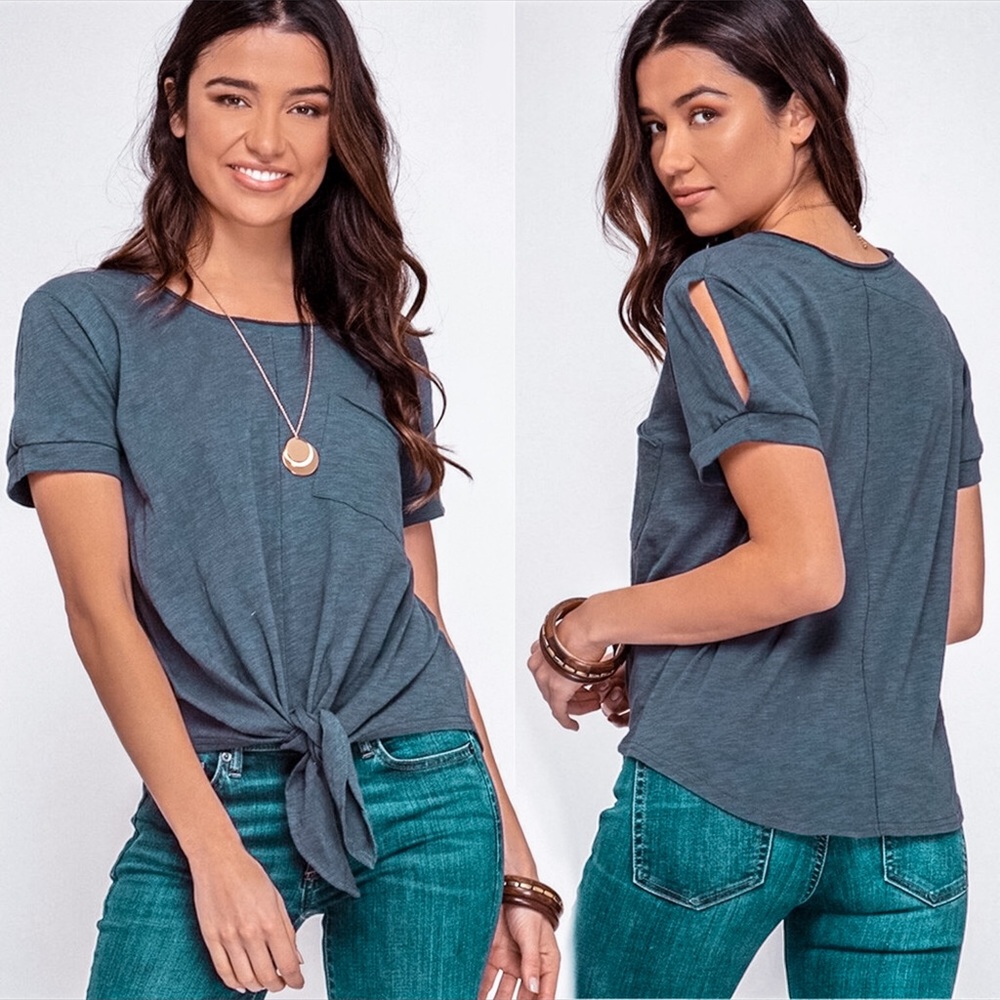 Navy Blue Slit Sleeve | Crew Neck Tie Front Top